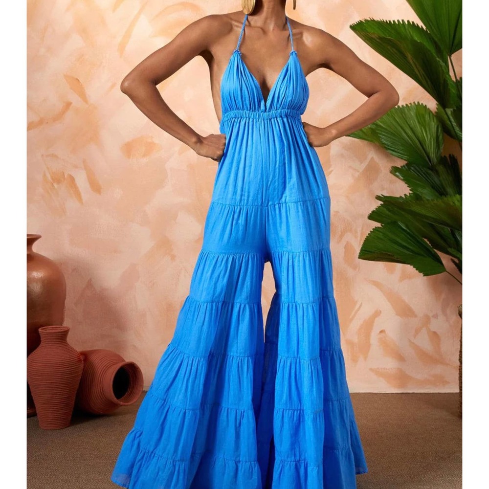 Women's Blue Halter Wide-Leg Jumpsuit